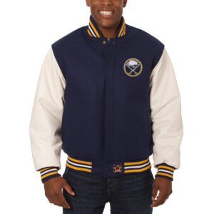 Men's JH Design Navy/White Buffalo Sabres Big & Tall All-Wool & Leather Full-Snap Jacket